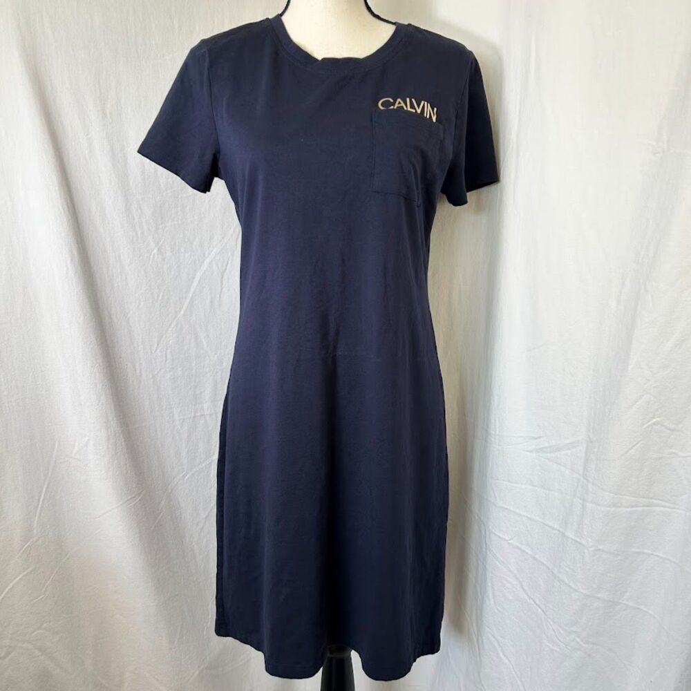 Calvin Klein Navy Blue T-shirt Dress Pocket Metallic Logo Cotton Knee Length M